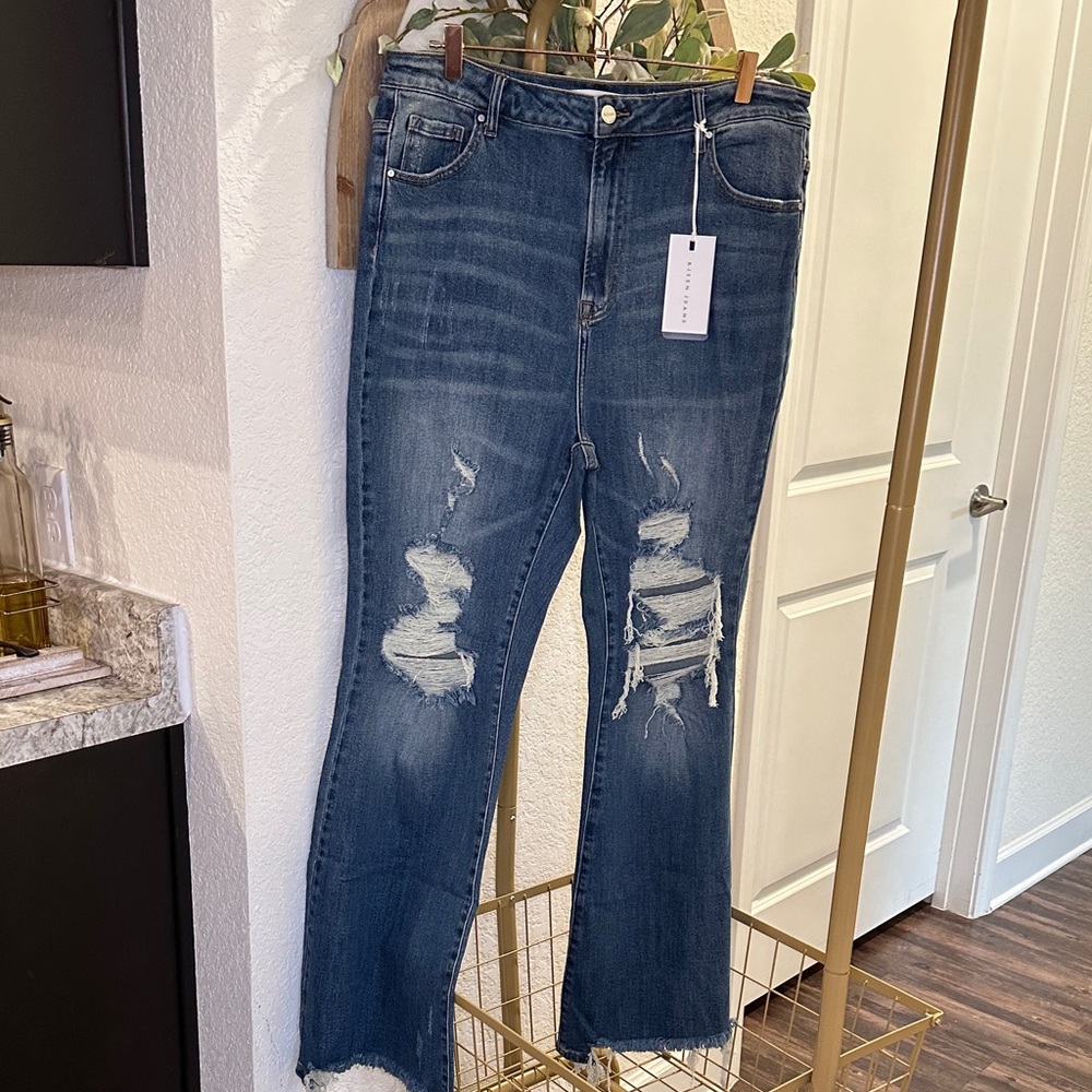 Risen Jeans High-Rise Wide Flare Distressed Jeans 1XL — NWT (Originally $58)